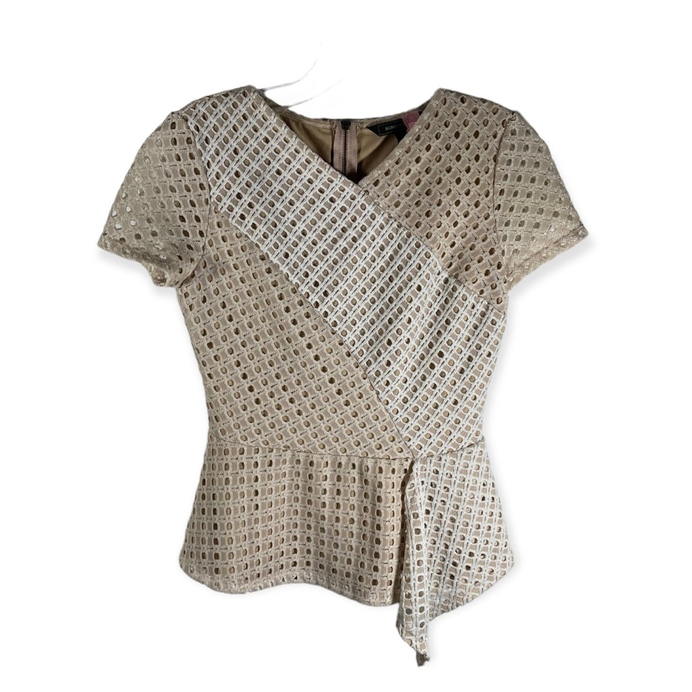 BCBG cream tan slight peplum overlay blouse - Picture 1 of 11